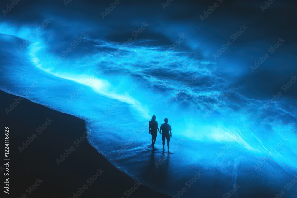 Fototapeta premium A wide-angle view of a couple walking on the beach as glowing blue waves crash nearby.