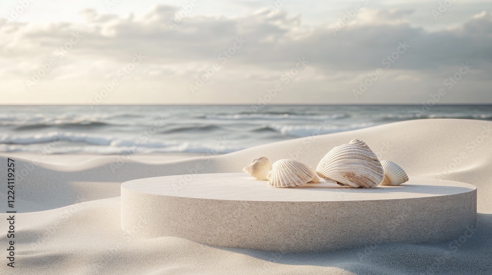 Coastal Display with Seashells on Sandy Platform Coastal Display with Seashells on Sandy Platform