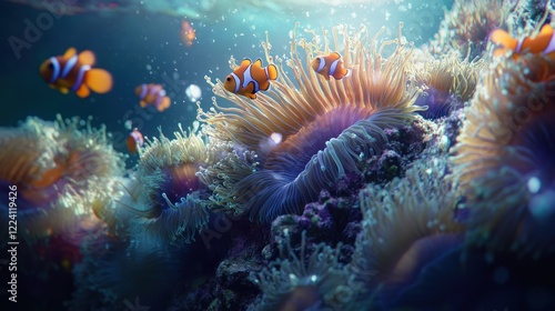 Clownfish swim in vibrant coral reef, sunlit ocean