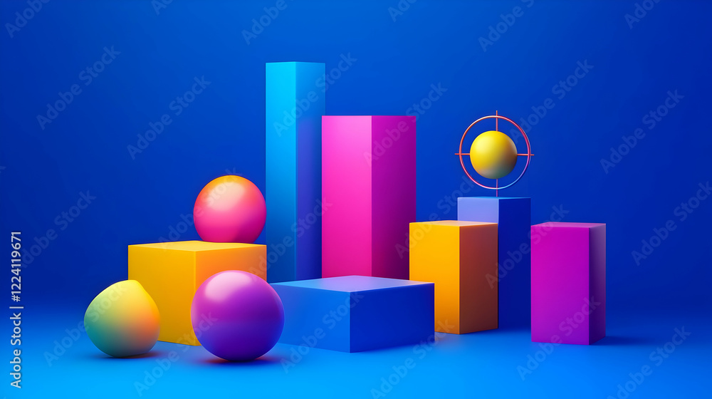 Colorful 3D shapes target goal blue background business concept Colorful 3D shapes target goal blue background business concept