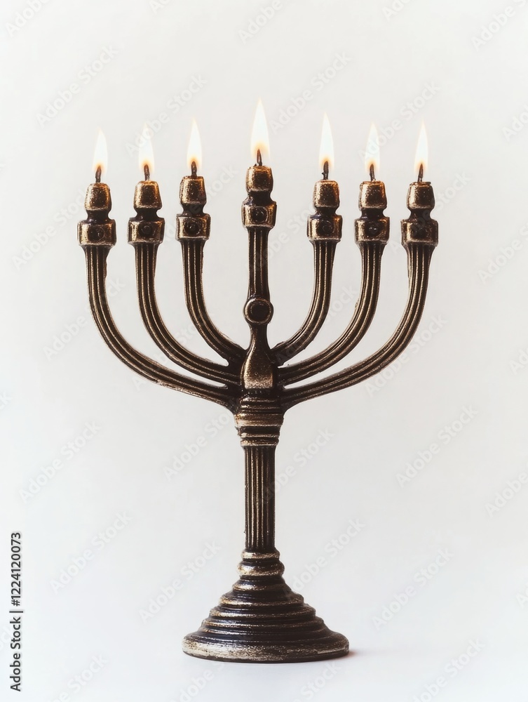 A lit menorah with six candles on each side A lit menorah with six candles on each side