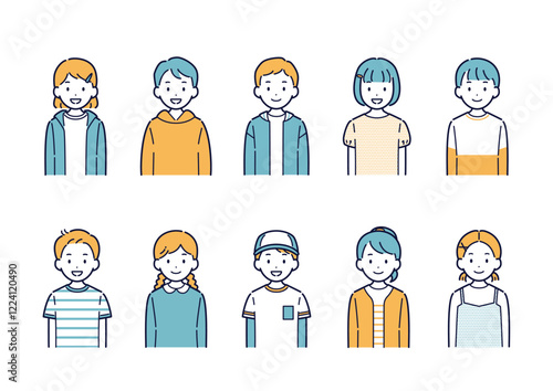 正面を向いて笑う子供たちのイラストセット