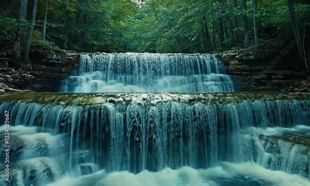Serene cascading waterfall surrounded by lush green forest, evoking tranquility and nature's beauty
