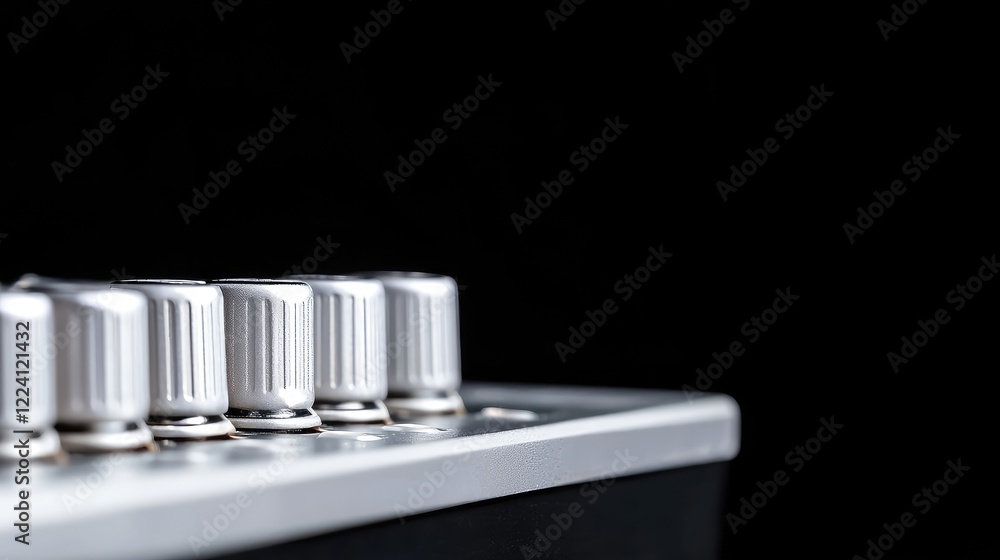 Silver audio mixer knobs close-up, dark background, music production, studio equipment Silver audio mixer knobs close-up, dark background, music production, studio equipment