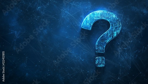 Glowing blue question mark on dark digital background.