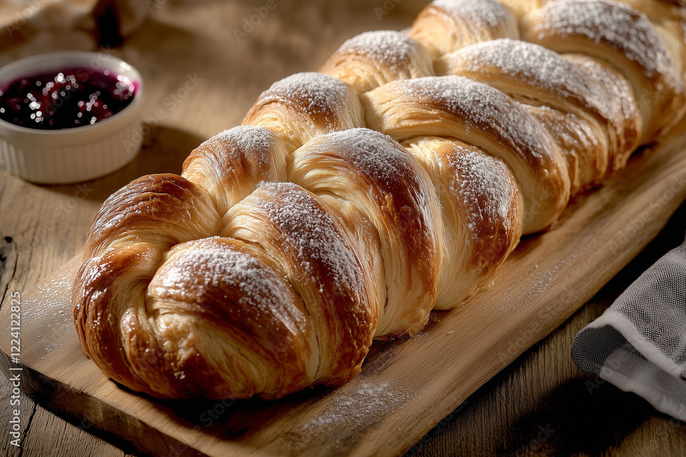 Golden Braided Pastry Loaf with Powdered Sugar for Bakeries, Food Blogs, Recipe Books, and Culinary Photography Golden Braided Pastry Loaf with Powdered Sugar for Bakeries, Food Blogs, Recipe Books, and Culinary Photography