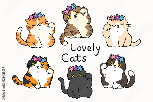 Vector Illustration of Cartoon Cat with Flowers on Head Characters on Isolated Background. Hand Drawn Vector Illustration. 