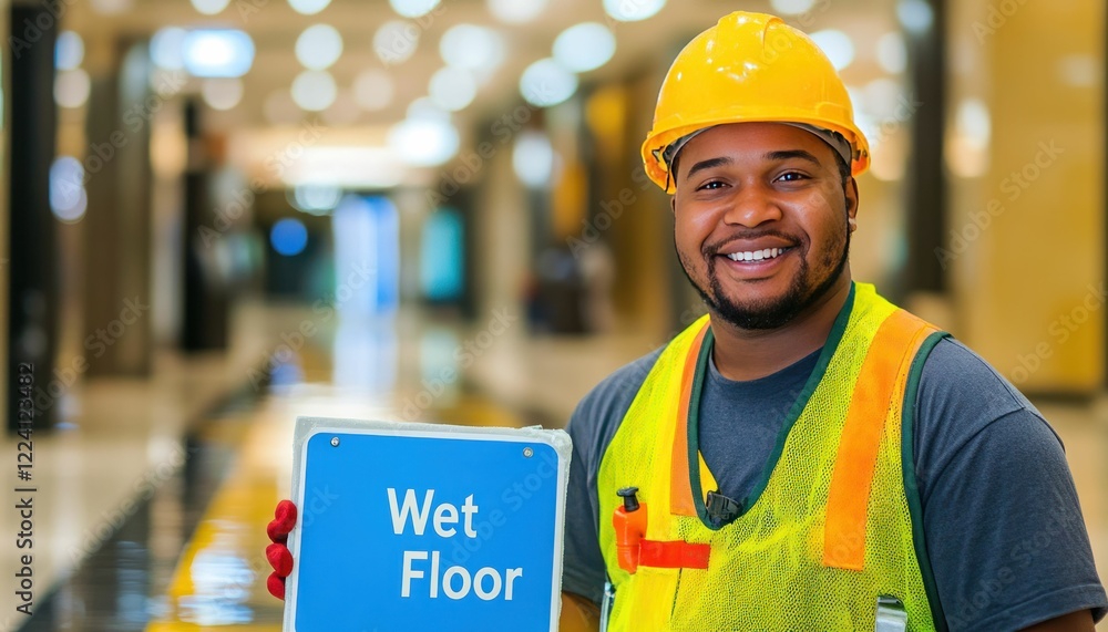 Friendly worker smiling while holding a wet floor warning sign indoors Friendly worker smiling while holding a wet floor warning sign indoors