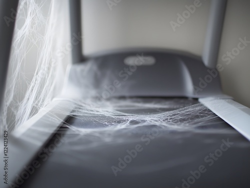A dusty treadmill, with thick cobwebs draped over the belt and handles, bathed in dim light, symbolizing prolonged disuse and forgotten fitness goals.