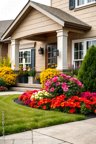 Vibrant Flowers and Landscaping Enhance Curb Appeal of a Beautiful House