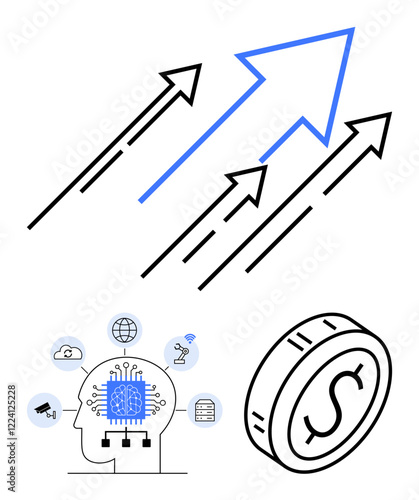 Rising arrows above AI-powered brain, tech icons, and coin symbolize progress. Ideal for finance, AI, tech growth, startups, innovation, digital economy abstract line flat metaphor