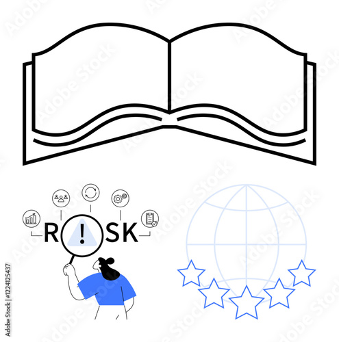 Open book line art, person analyzing the word Risk through a magnifying glass with icons, globe with stars. Ideal for education, assessment, risk, analysis, global impact, insights abstract line