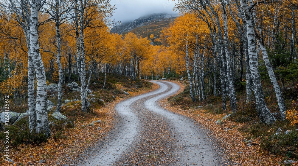 Autumnal Road Winding Through Golden Birch Forest Autumnal Road Winding Through Golden Birch Forest