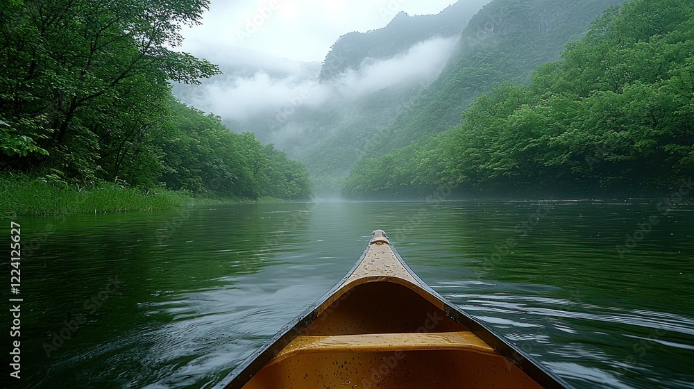 Fototapeta premium Misty River Journey: Canoeing Through Serene Mountains