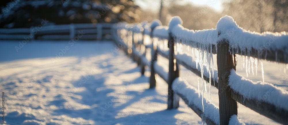 Snowy wooden fence at dawn with icicles Snowy wooden fence at dawn with icicles
