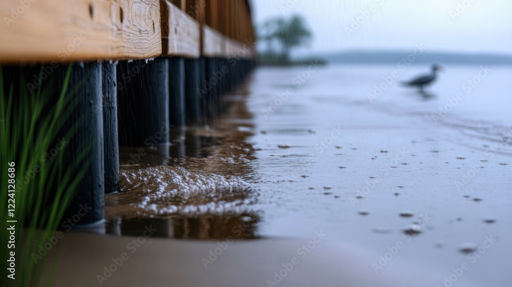 Tranquil shoreline view with wooden pier and gentle waves at sunrise in serene environment Tranquil shoreline view with wooden pier and gentle waves at sunrise in serene environment