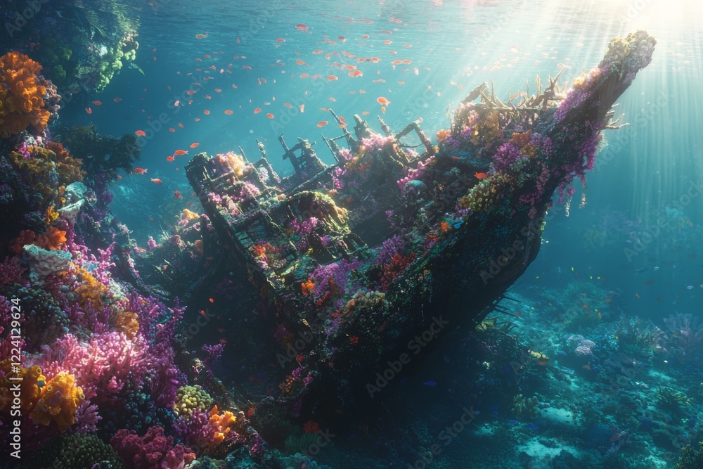 Fototapeta premium sunken ship at the ocean floor, with rusted metal and broken masts, enveloped by a serene underwater landscape filled with colorful fish