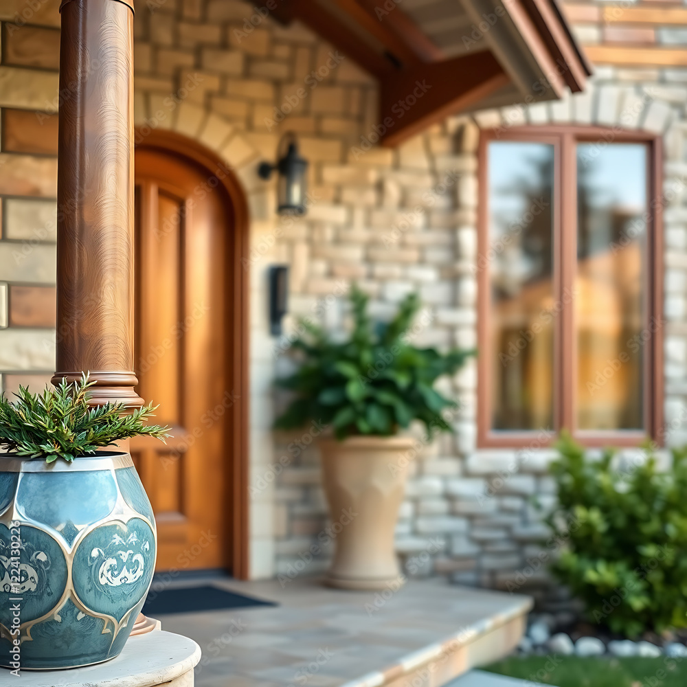 Fototapeta premium Luxury Home Exterior: Stone Facade, Elegant Entrance, and Landscaping