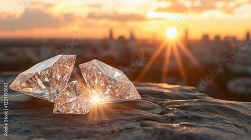 Three clear diamonds sparkle with bright light in sunset, showcasing beauty and brilliance of precious resources with city skyline at background photo