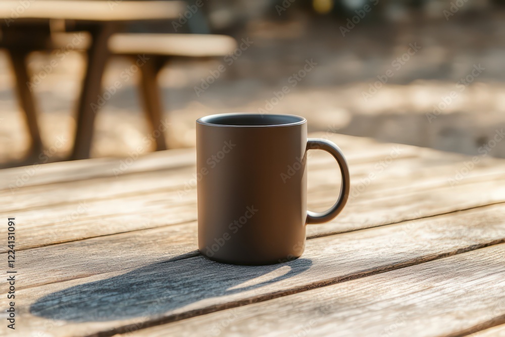 A realistic plastic mug mockup with a matte finish, displayed on an outdoor picnic table. A realistic plastic mug mockup with a matte finish, displayed on an outdoor picnic table.