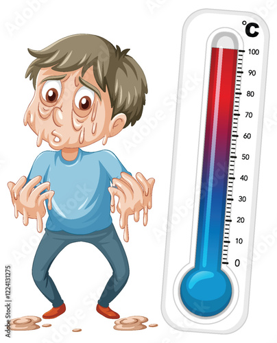 Overheated Man and Thermometer Illustration