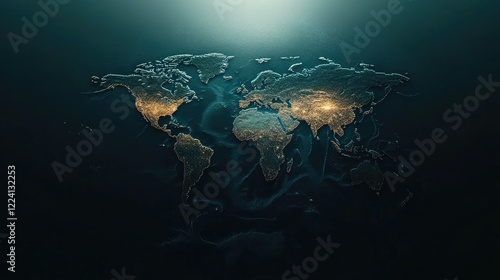 Fototapeta Naklejka Na Ścianę i Meble -  A calming world map scene with a glowing Earth hovering above serene blue waters, set against a minimalistic backdrop that conveys tranquility and global unity