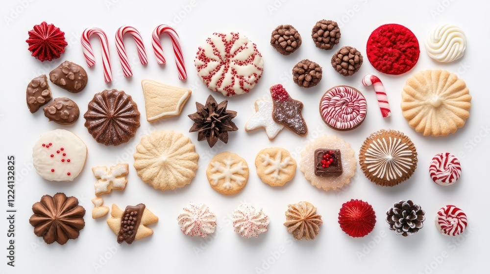 Fototapeta premium A charming flat-lay of Christmas cookies, candy canes, and seasonal decorations, neatly arranged on a white surface, bringing warmth and festive spirit to the scene