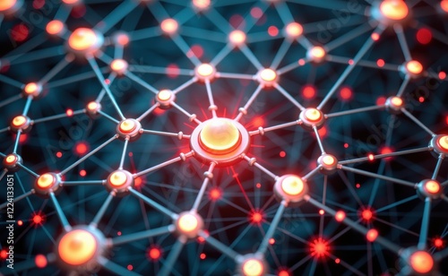 A vibrant 3D illustration of a molecular network with glowing blue and red nodes, symbolizing connectivity, innovation, and advanced technology concepts like AI, blockchain, and data structures.