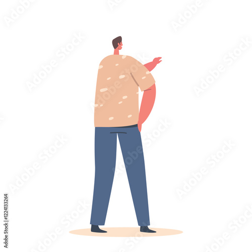 Single Male Character Wear Beige T-shirt And Blue Trousers Stand Rear View Pointing With Hand On Something
