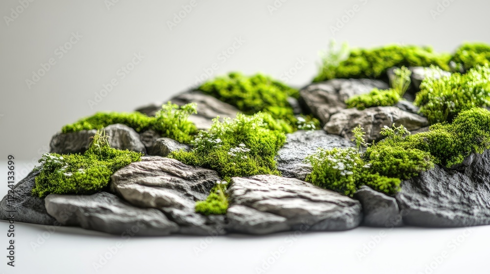 A close-up of a moss-covered stone wall with intricate textures, displayed on a seamless white surface, highlighting the natural beauty and textures of moss and stone A close-up of a moss-covered stone wall with intricate textures, displayed on a seamless white surface, highlighting the natural beauty and textures of moss and stone