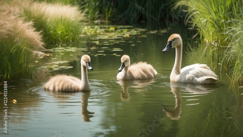 Three cygnets swim in a shallow, greenish pond surrounded by tall grasses. photo