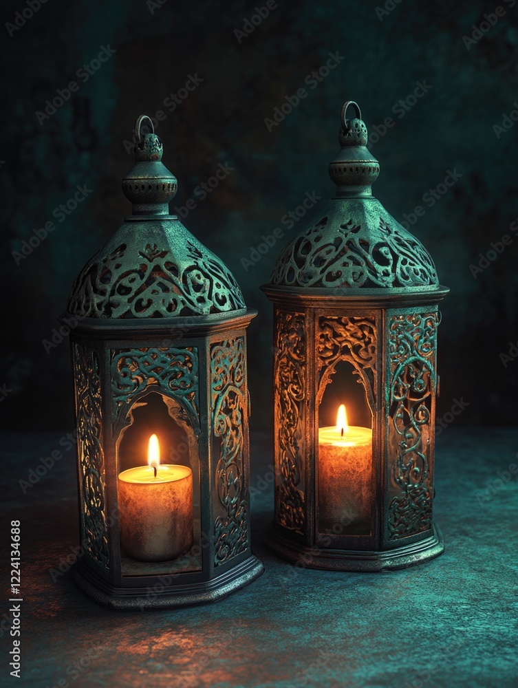 Two lanterns with candles inside, one is lit and the other is unlit Two lanterns with candles inside, one is lit and the other is unlit