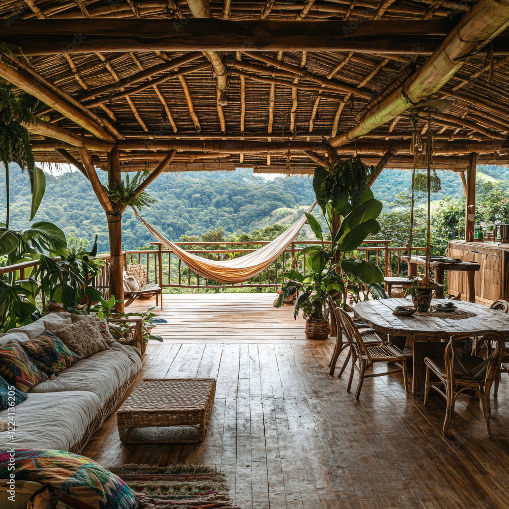 Fototapeta premium A luxurious outdoor restaurant in a resort garden with elegant furniture, including tables and chairs, surrounded by tropical elements like a pool, beach, and summer vibes