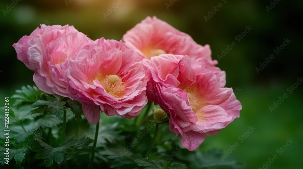 Beautiful Pink Flowers with Soft Petals Blooms in Garden Setting on Natural Background