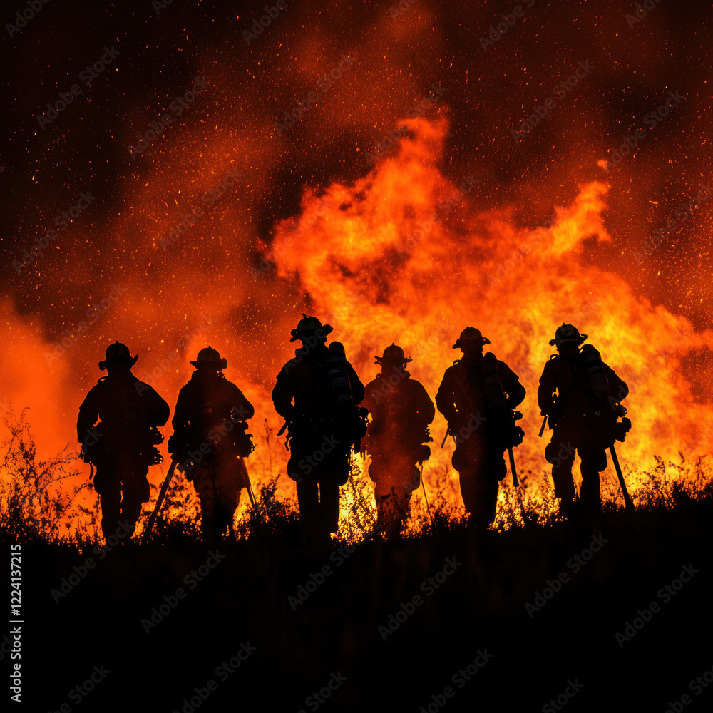 Obraz premium Firefighters in action at sunset with children and families, capturing the thrill of teamwork and summer fun under the sky, with shadows and fire lighting the scene