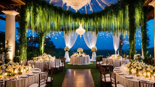 Romantic outdoor wedding reception with lush greenery, elegant floral arrangements, and warm candlelight under a draped canopy at twilight.