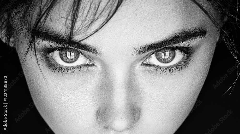 Obraz premium Young woman with an intense and captivating gaze looks directly forward in a dramatic black and white studio portrait.