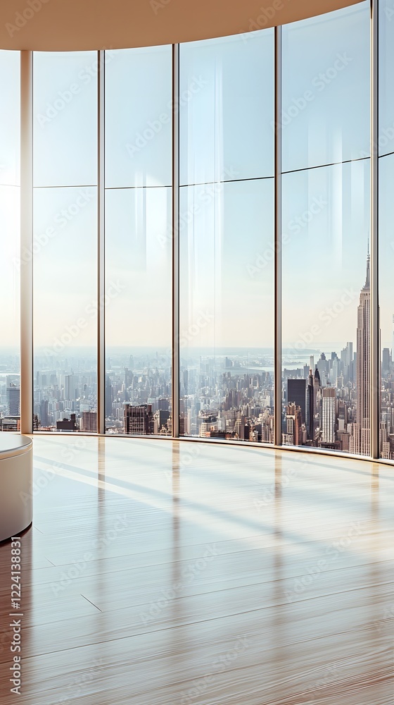 Fototapeta premium A podium inside a gleaming modern office, with floor-to-ceiling windows offering a panoramic city view