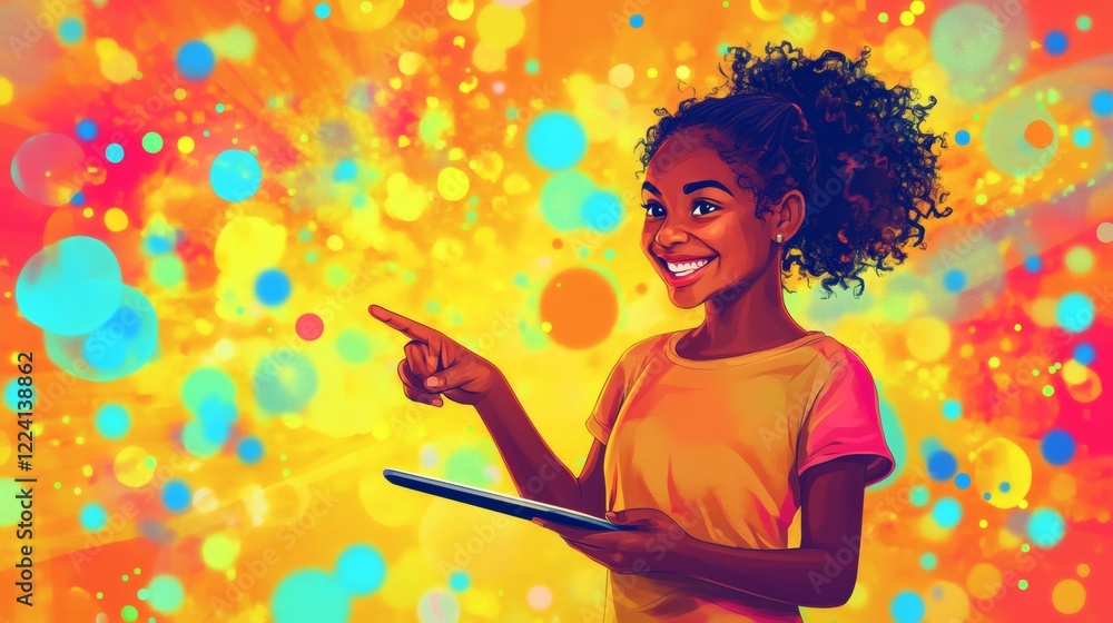 Joyful Young Girl Using Tablet Against Vibrant Abstract Background