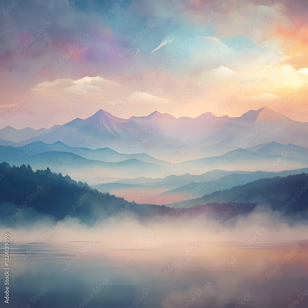 Fototapeta premium Misty Mountain Range at Sunrise. Breathtaking Scenic View