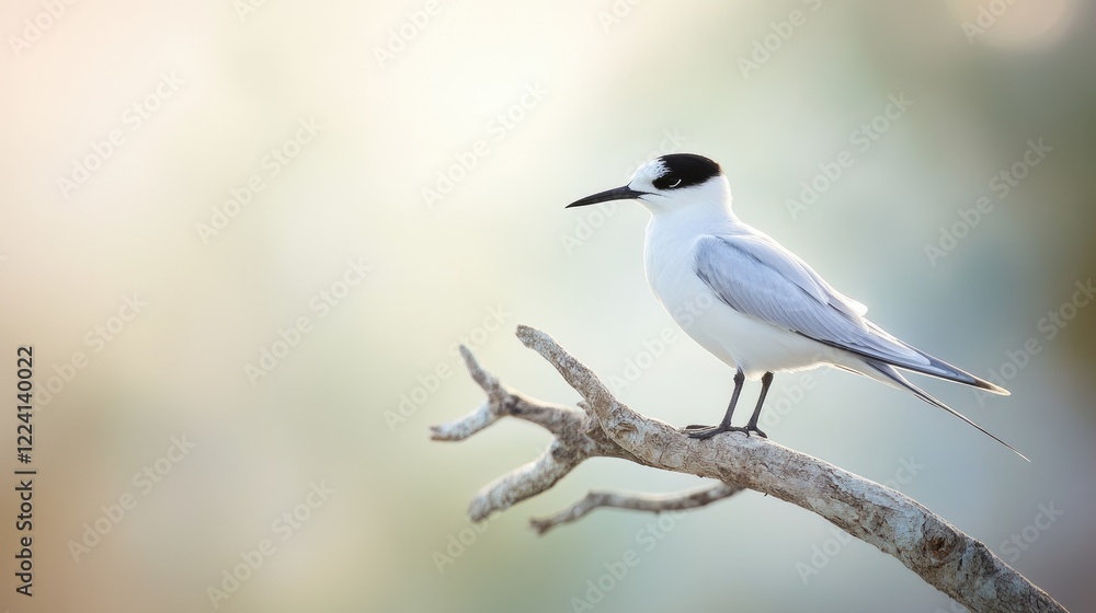 A graceful Fairy Tern perched on a fine branch, showcasing its beauty and balance in a serene and peaceful natural setting A graceful Fairy Tern perched on a fine branch, showcasing its beauty and balance in a serene and peaceful natural setting
