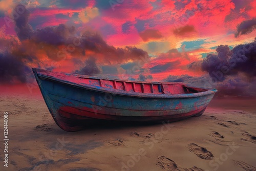 A red and blue boat resting on brown sand with footprints around, under a sky streaked with pink and purple clouds. photo