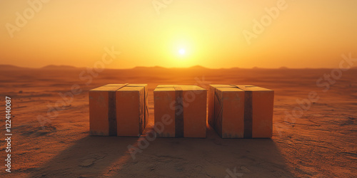 Packages on Martian landscape with glowing sunset in background photo