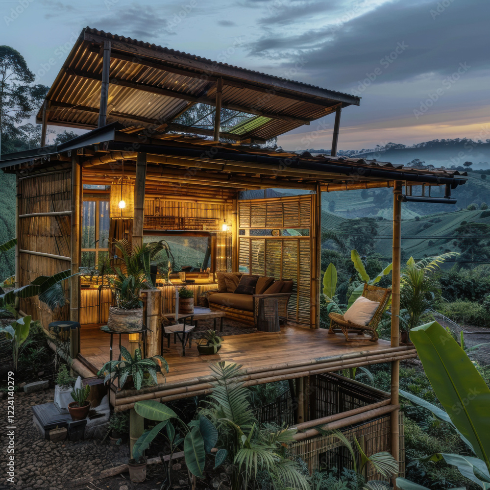 Fototapeta premium A wooden beach hut in the jungle with a bridge, surrounded by water and blue skies, showcasing a cozy summer atmosphere