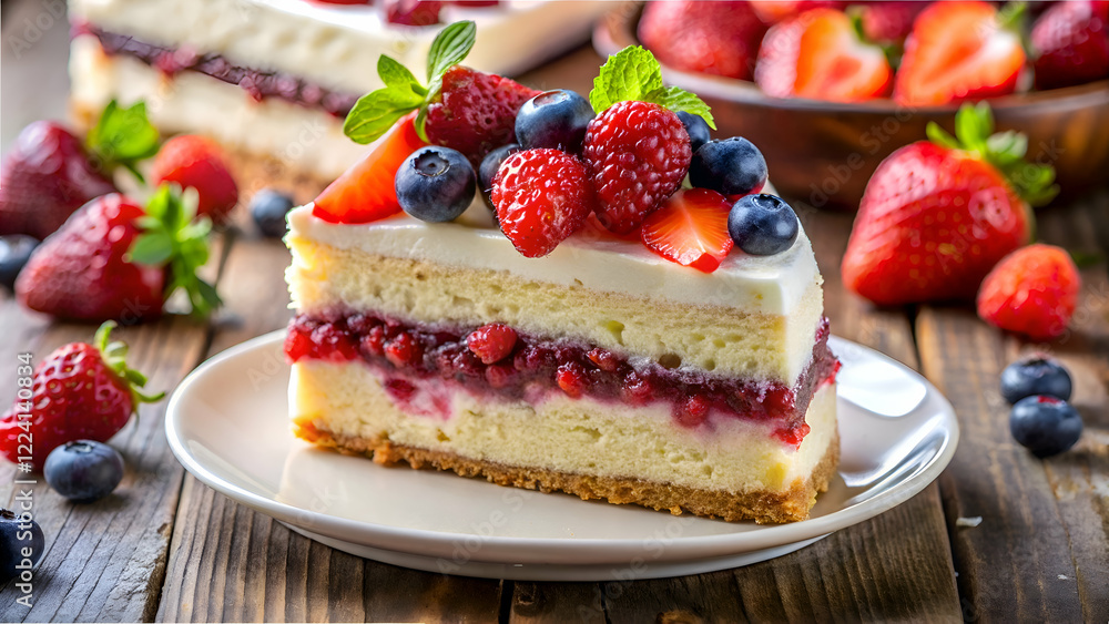 A delightful slice of strawberry cake. adorned with fresh berries and cream. A delightful slice of strawberry cake. adorned with fresh berries and cream.