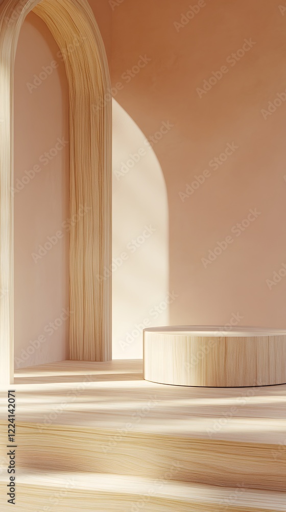 A podium made of light wood with rounded edges, positioned against a soft, neutral pastel-colored wall A podium made of light wood with rounded edges, positioned against a soft, neutral pastel-colored wall