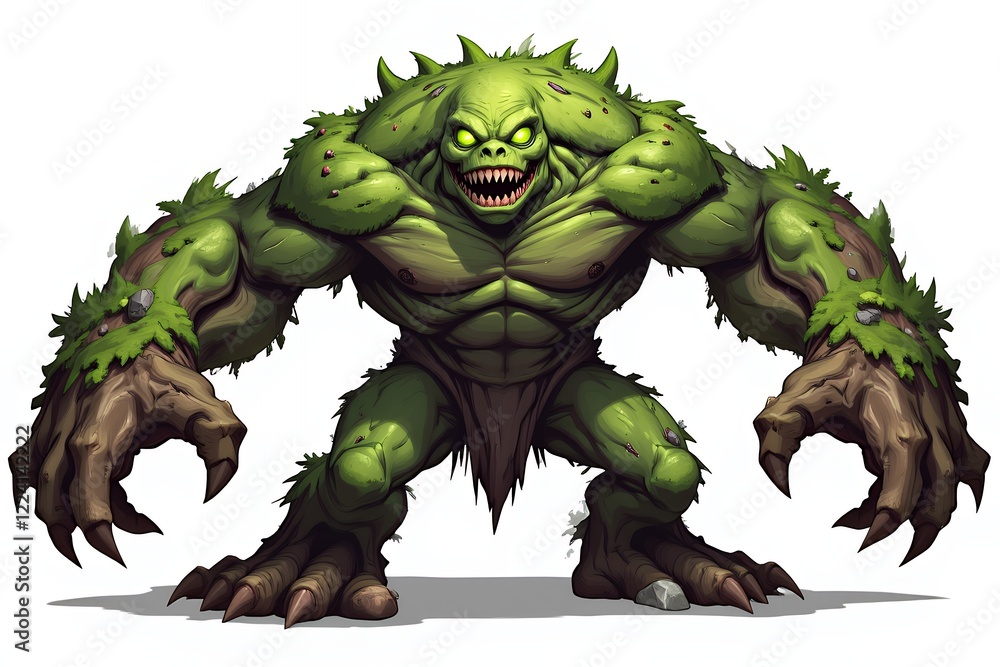 Fototapeta premium Powerful Green Moss Monster Fantasy Creature Game Asset Digital Illustration Aggressive Stance