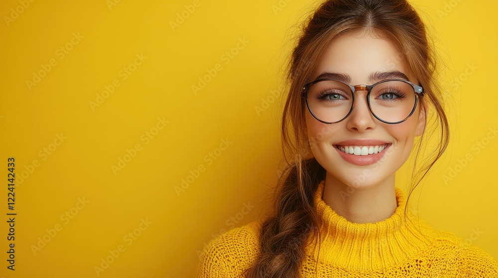 Portrait of a Smiling Woman in Yellow Sweater and Glasses Portrait of a Smiling Woman in Yellow Sweater and Glasses