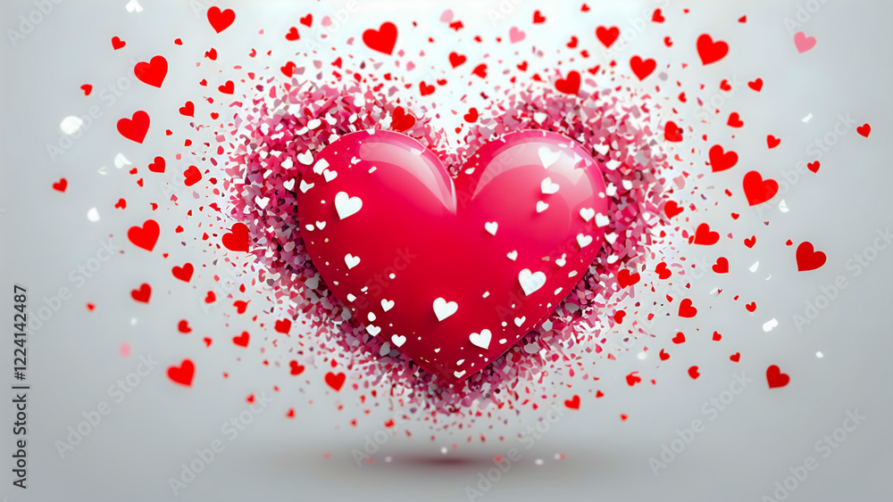 Abstract heart covered with pink, red and white confetti and petals. White background. Abstract heart covered with pink, red and white confetti and petals. White background.