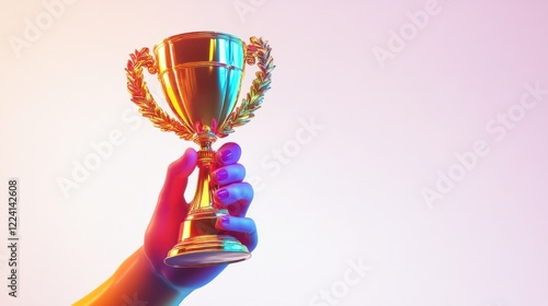 A vibrant 3D hand holding a gold trophy cup with a champion's laurel wreath icon, rendered with glowing effects, isolated on white photo